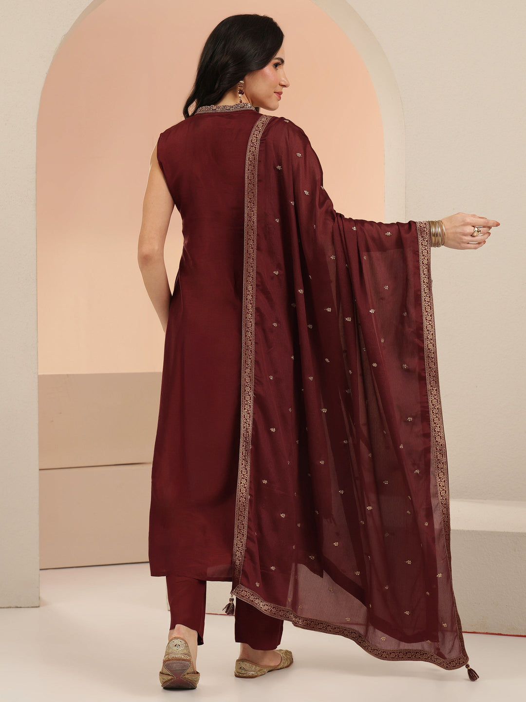  Maroon Floral Woven Design Silk Blend Straight Suit Set 
