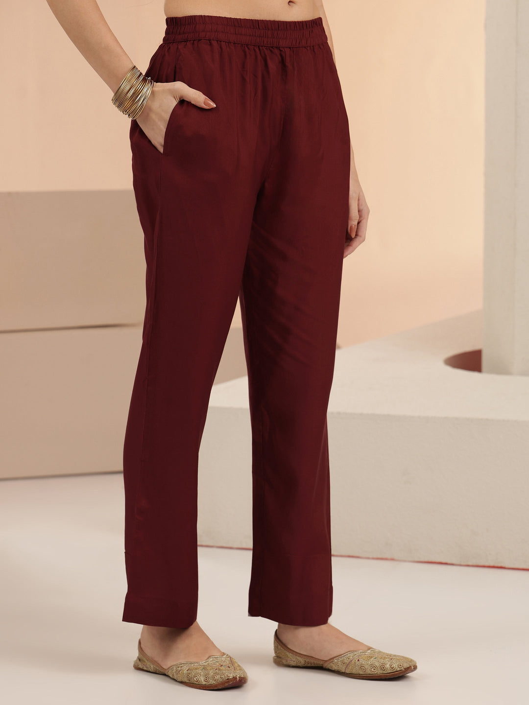  Maroon Floral Woven Design Silk Blend Straight Suit Set 