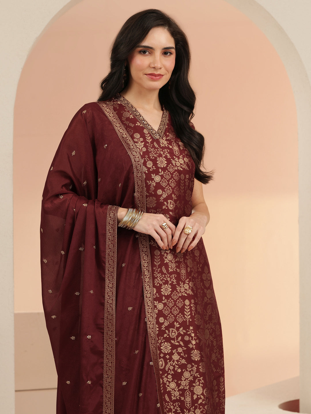  Maroon Floral Woven Design Silk Blend Straight Suit Set 