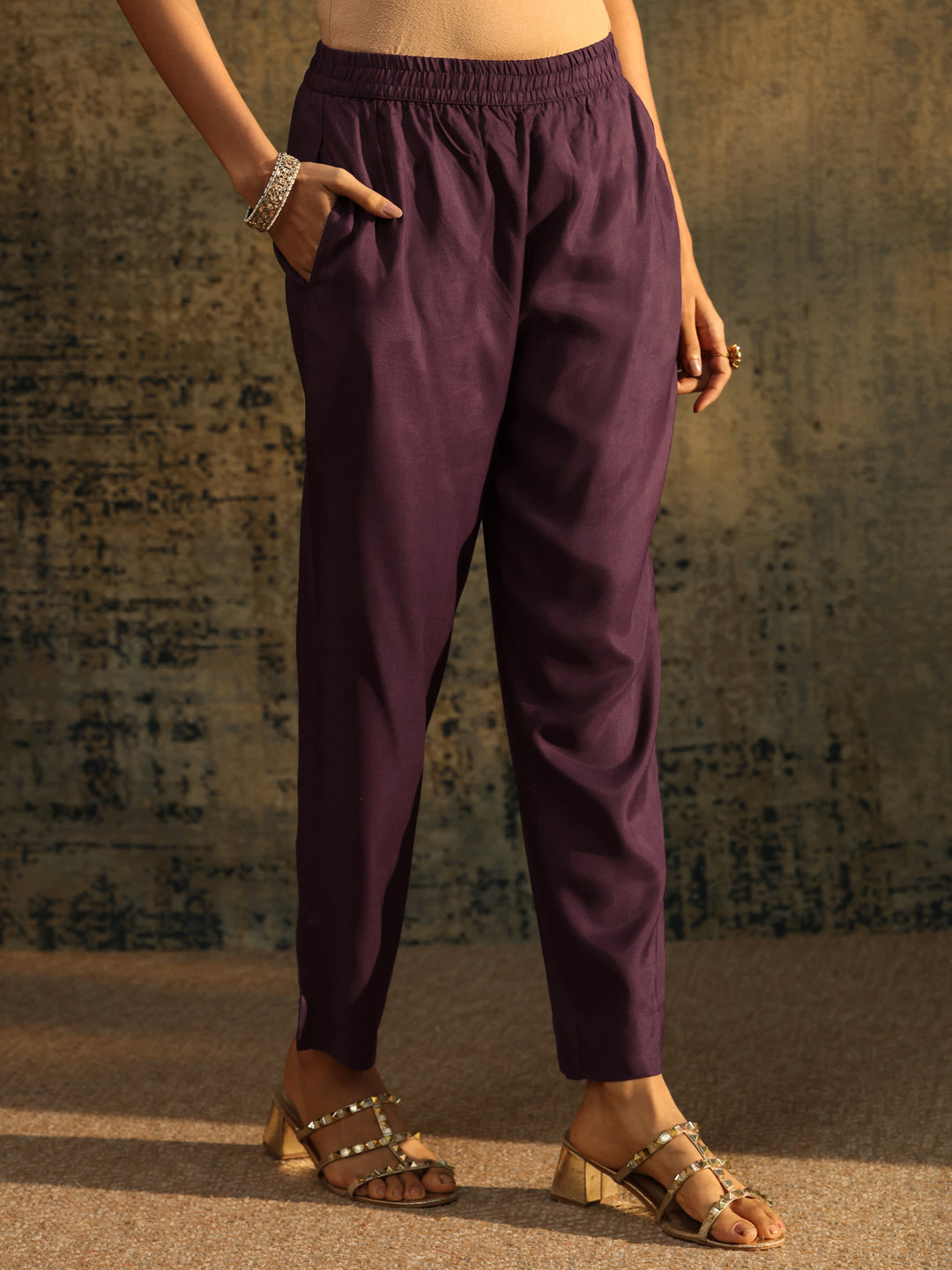  Libas Burgundy Floral Woven Design Silk blend Straight Suit Set 