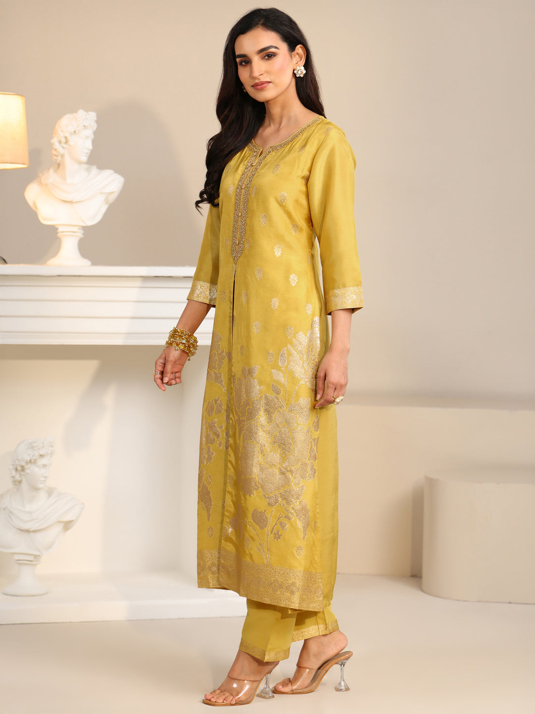  Libas Yellow Woven Design Front Slit Silk Blend Straight Suit Set 