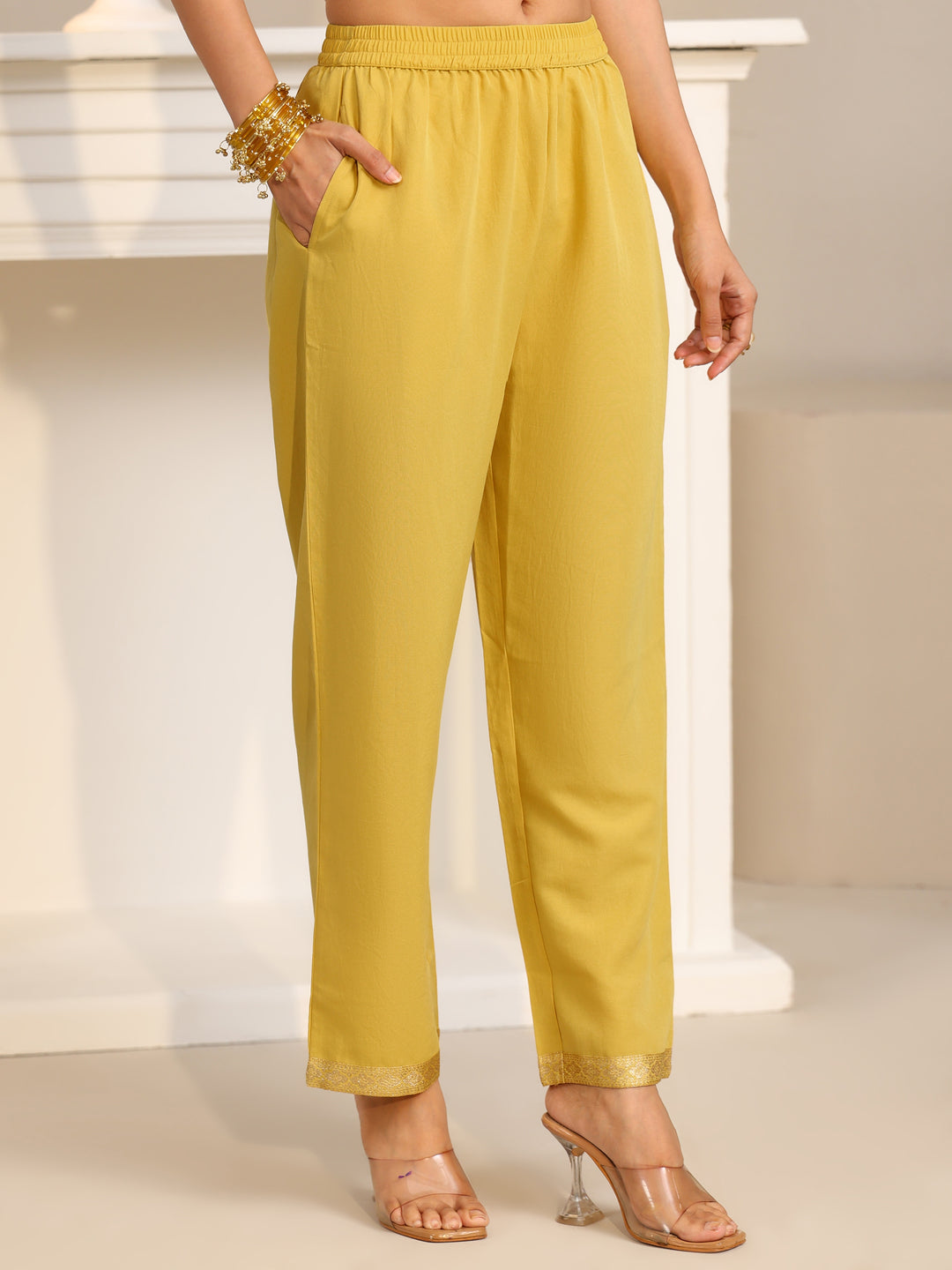  Libas Yellow Woven Design Front Slit Silk Blend Straight Suit Set 