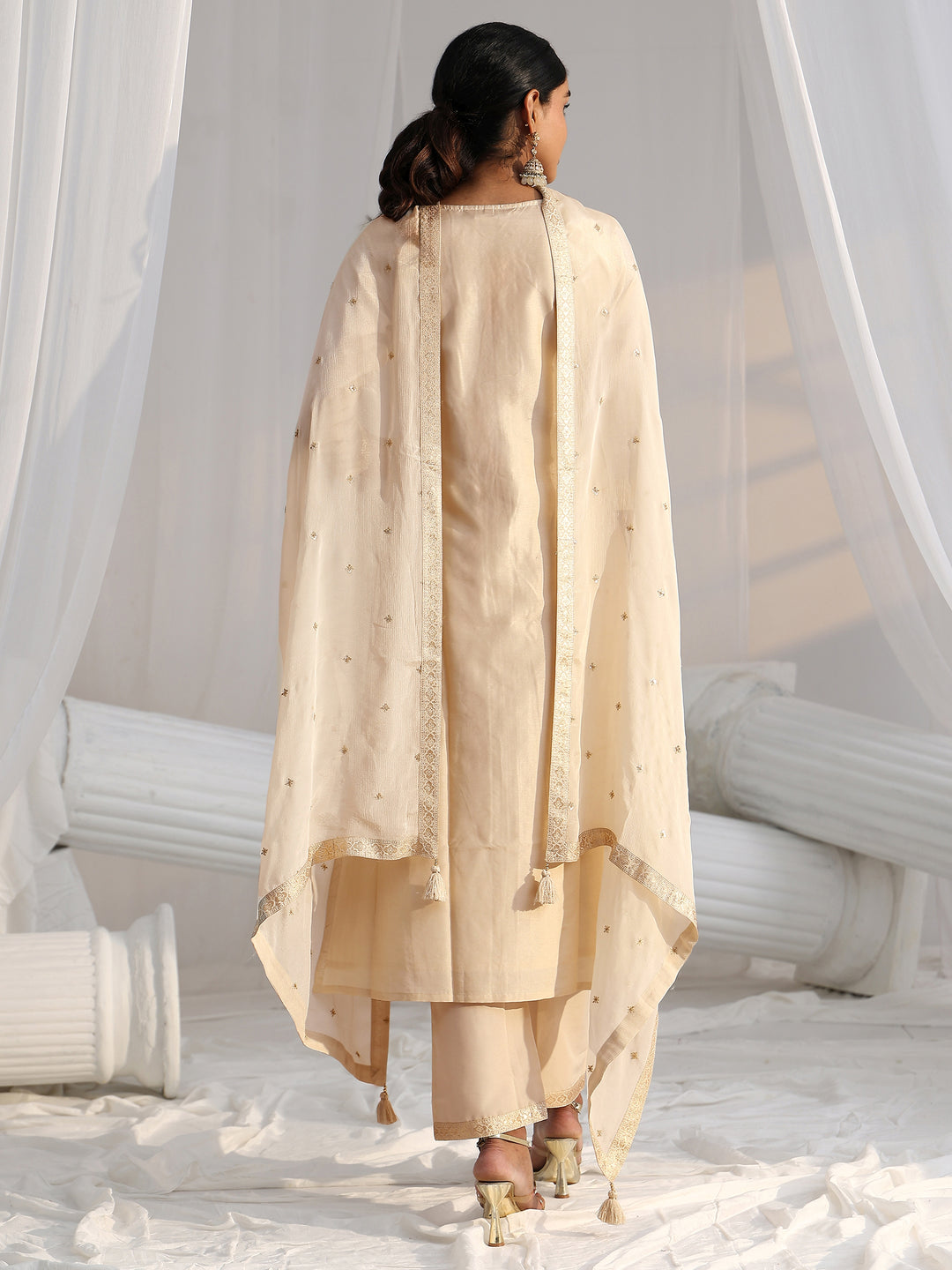  Libas Cream Woven Design Front Slit Silk Blend Straight Suit Set 