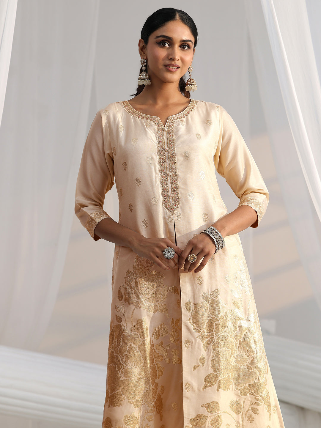  Libas Cream Woven Design Front Slit Silk Blend Straight Suit Set 