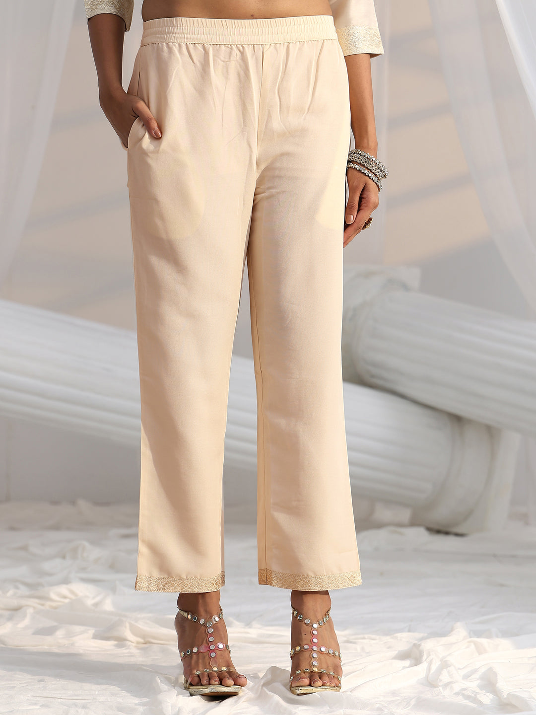  Libas Cream Woven Design Front Slit Silk Blend Straight Suit Set 