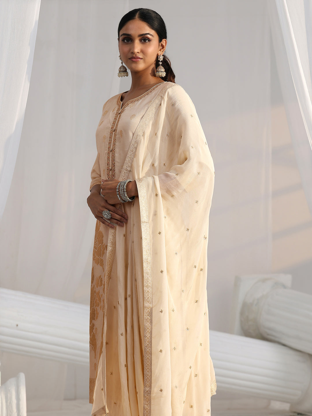 Libas Cream Woven Design Front Slit Silk Blend Straight Suit Set 