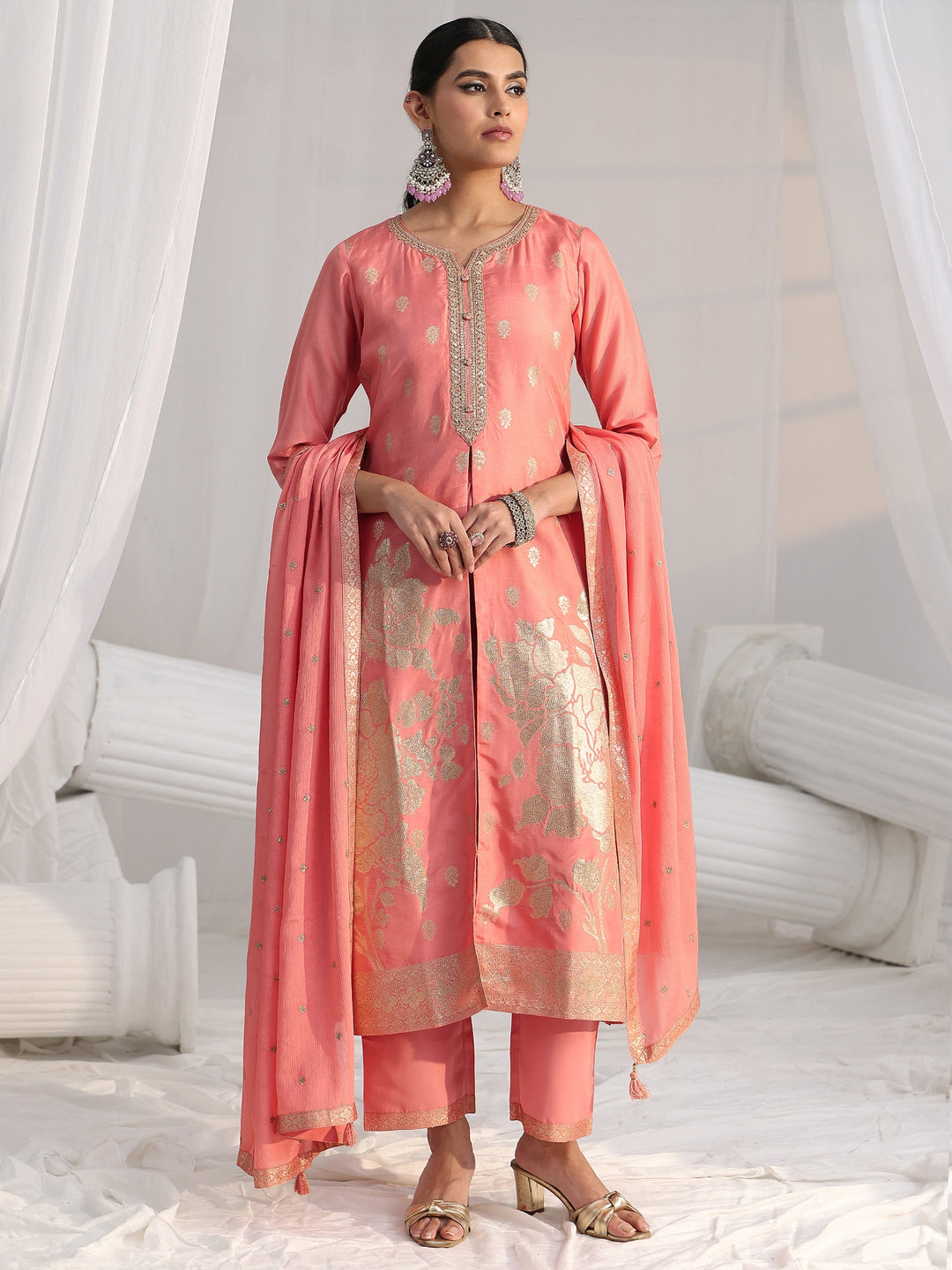  Libas Peach Pink Woven Design Front Slit Silk Blend Straight Suit Set 