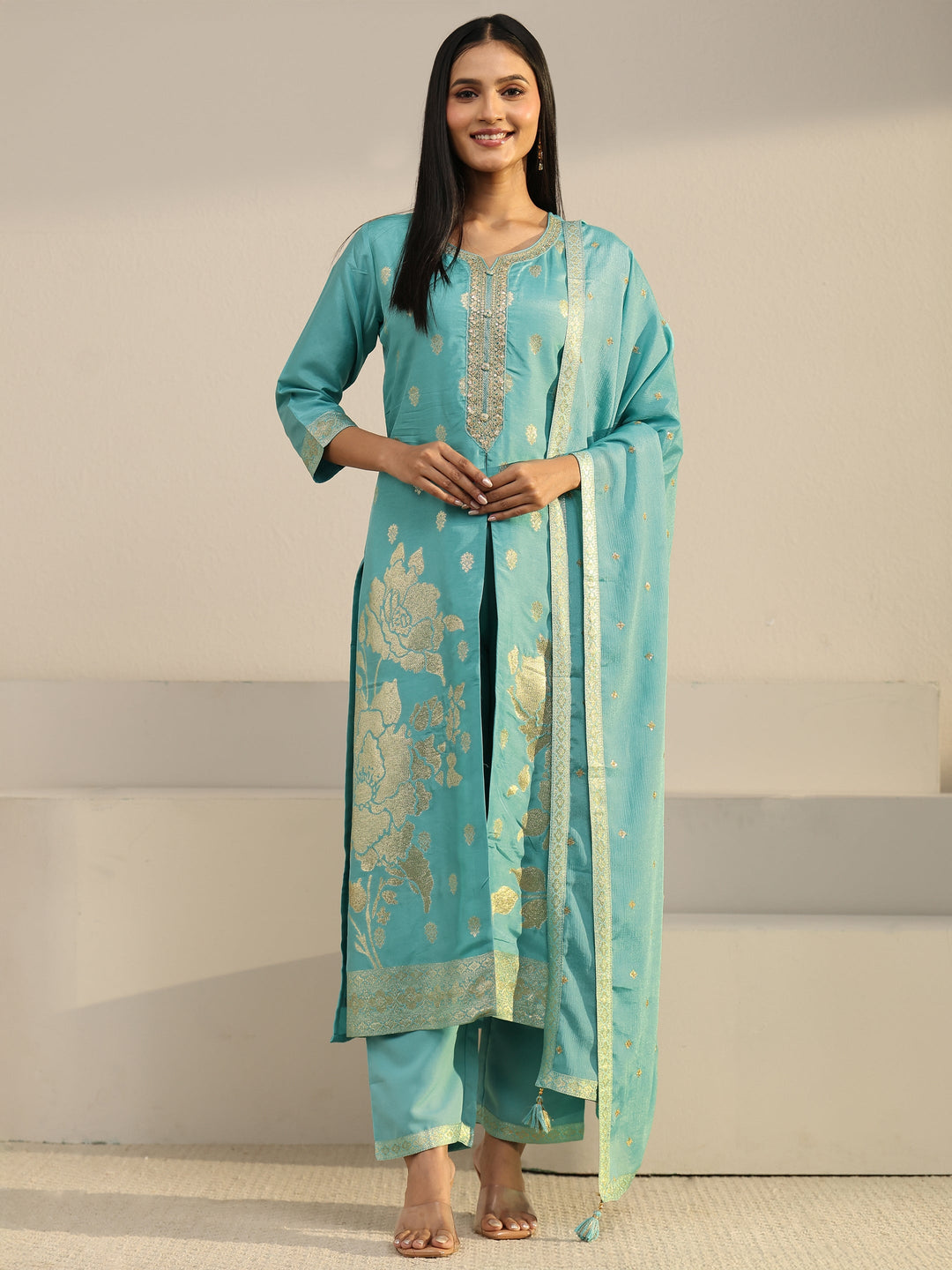  Libas Turquoise Blue Floral Embroidered Silk Blend Straight Suit Set 