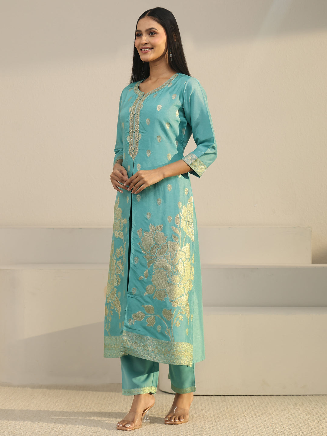 Libas Turquoise Blue Floral Embroidered Silk Blend Straight Suit Set 