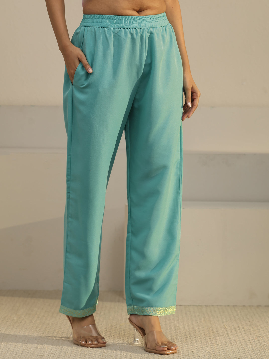  Libas Turquoise Blue Floral Embroidered Silk Blend Straight Suit Set 