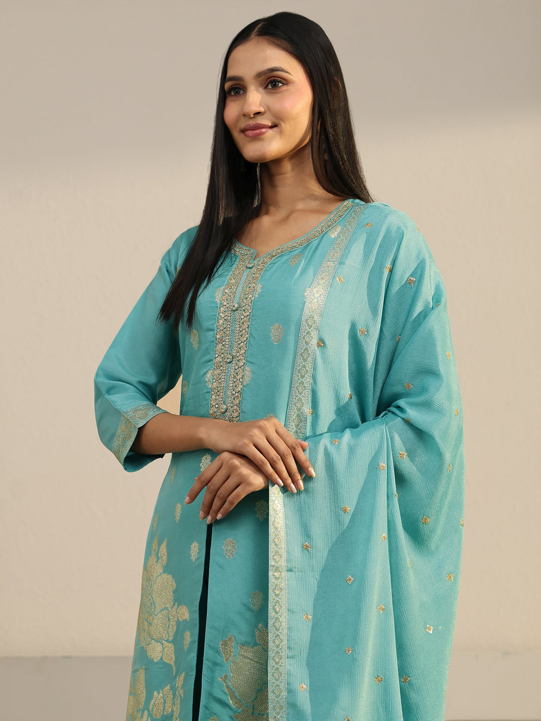  Libas Turquoise Blue Floral Embroidered Silk Blend Straight Suit Set 