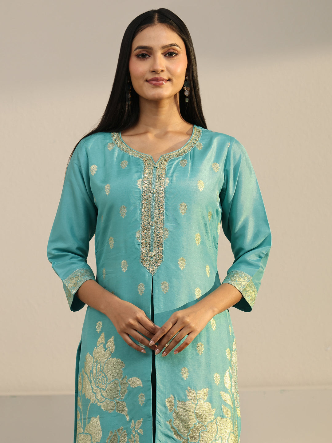  Libas Turquoise Blue Floral Embroidered Silk Blend Straight Suit Set 