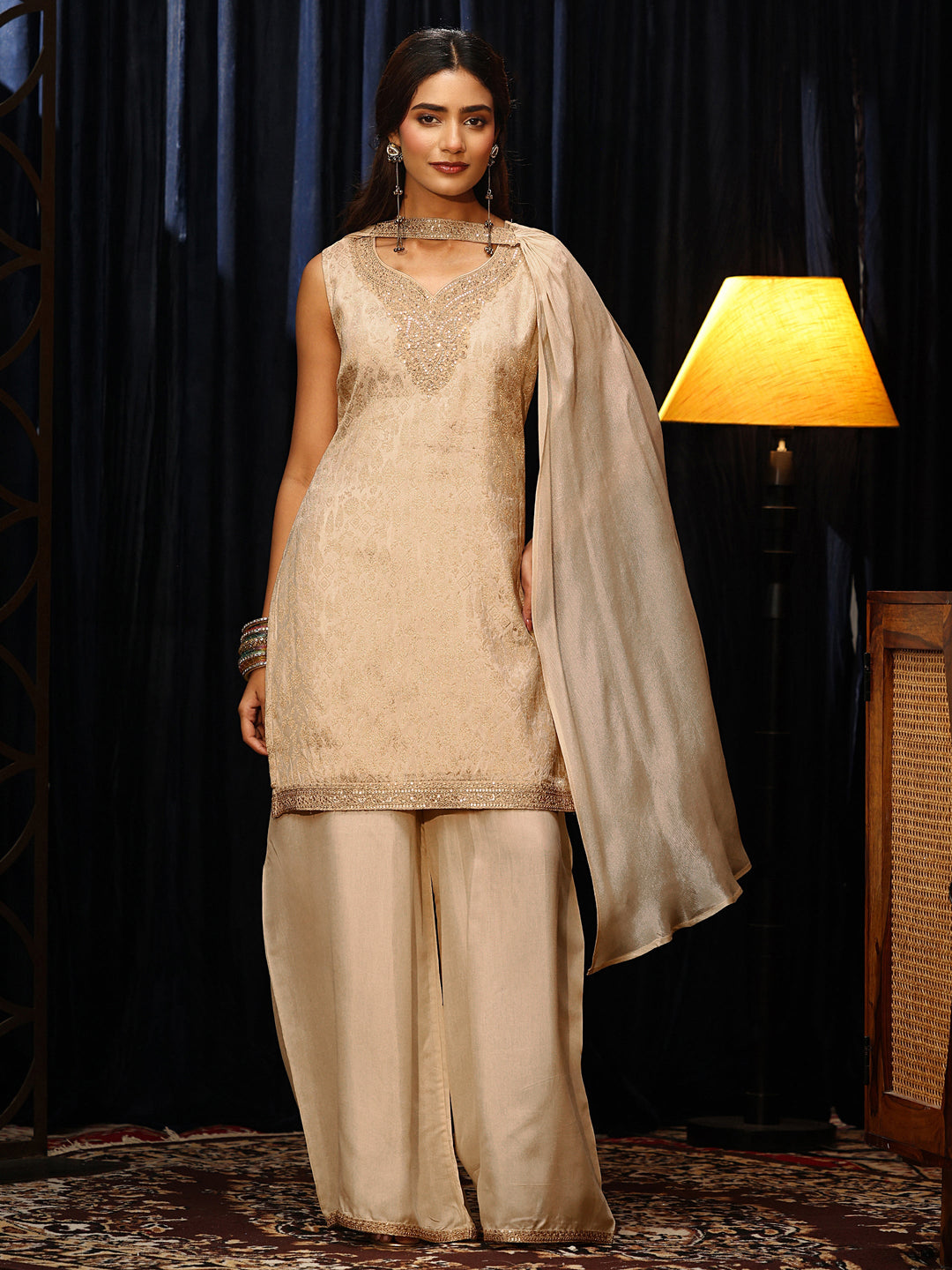  Cream Woven Design Silk Blend Palazzo Suit Set 