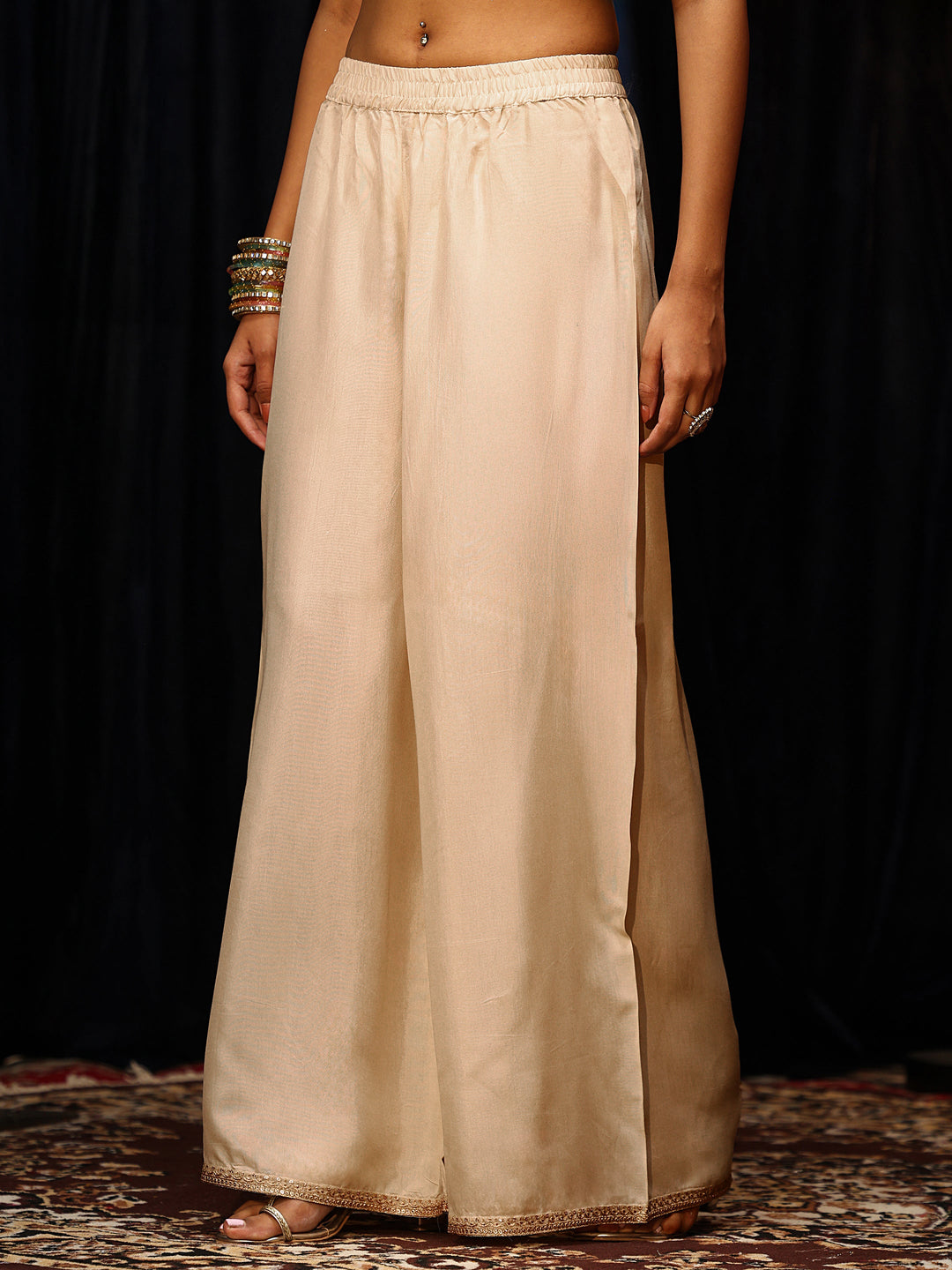  Cream Woven Design Silk Blend Palazzo Suit Set 