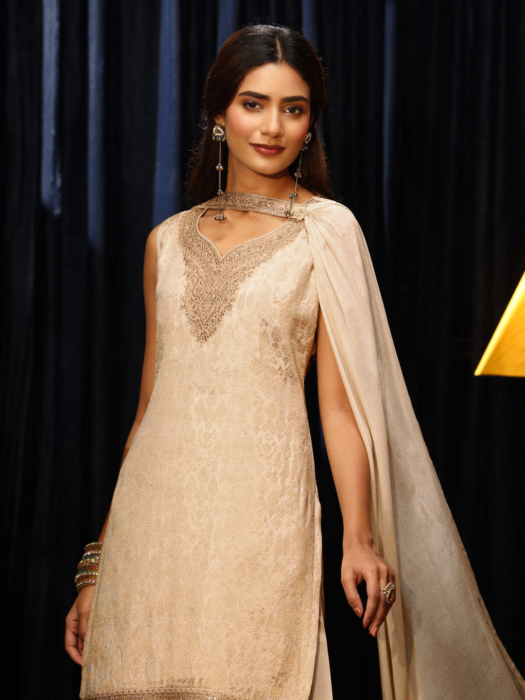  Cream Woven Design Silk Blend Palazzo Suit Set 