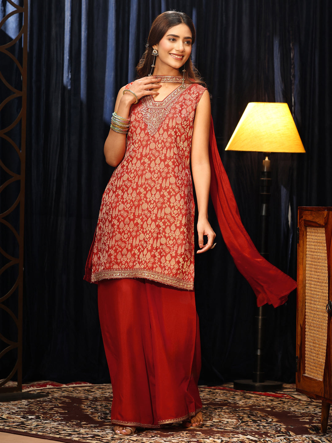  Orange Woven Design Silk Blend Palazzo Suit Set 