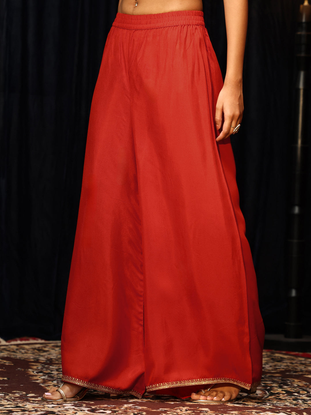  Orange Woven Design Silk Blend Palazzo Suit Set 