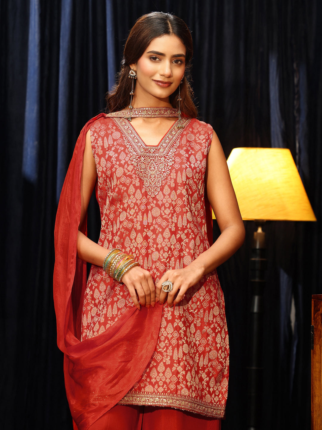  Orange Woven Design Silk Blend Palazzo Suit Set 