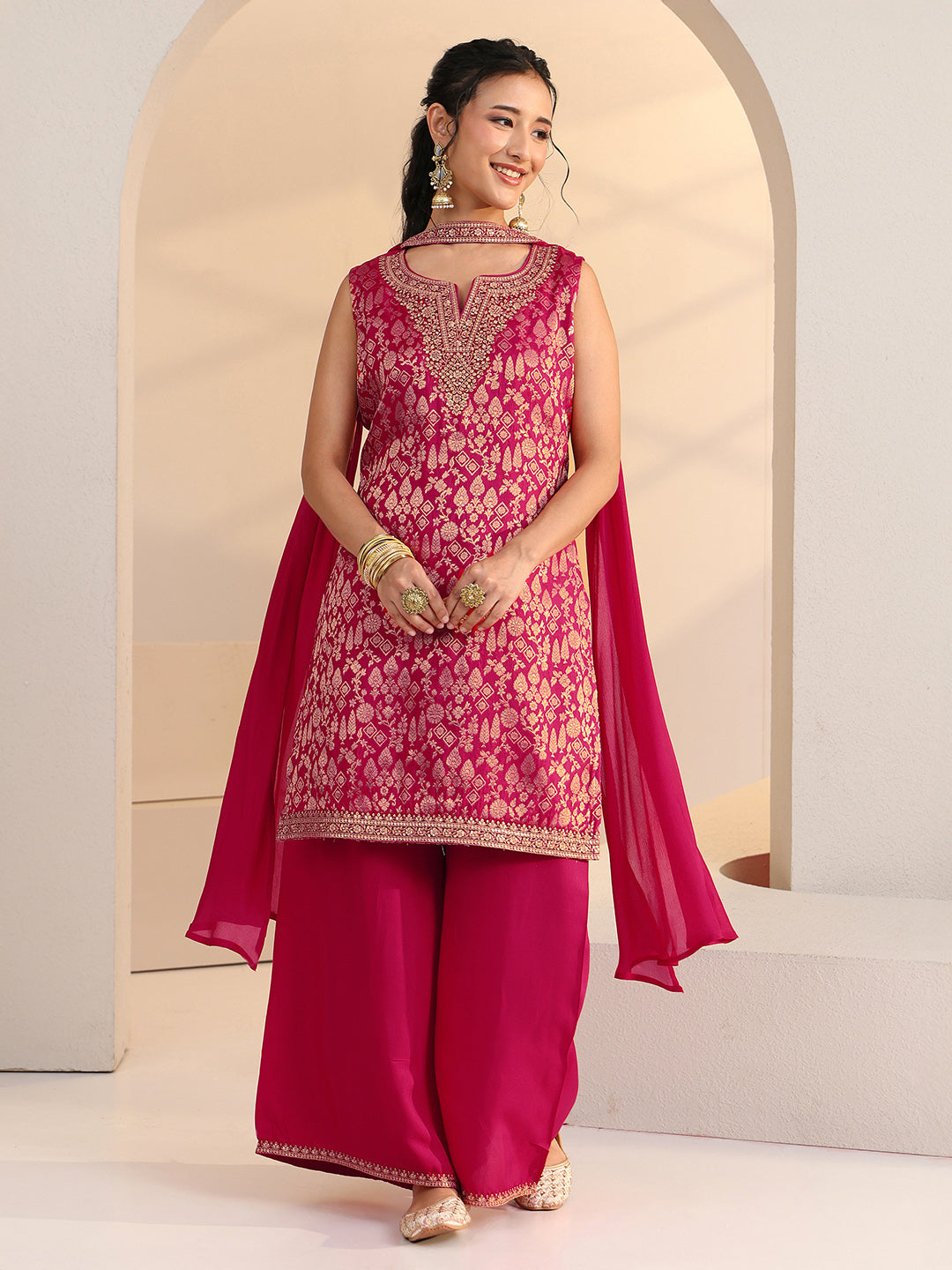  Libas Rani Pink Woven Design Silk Blend Palazzo Suit Set 