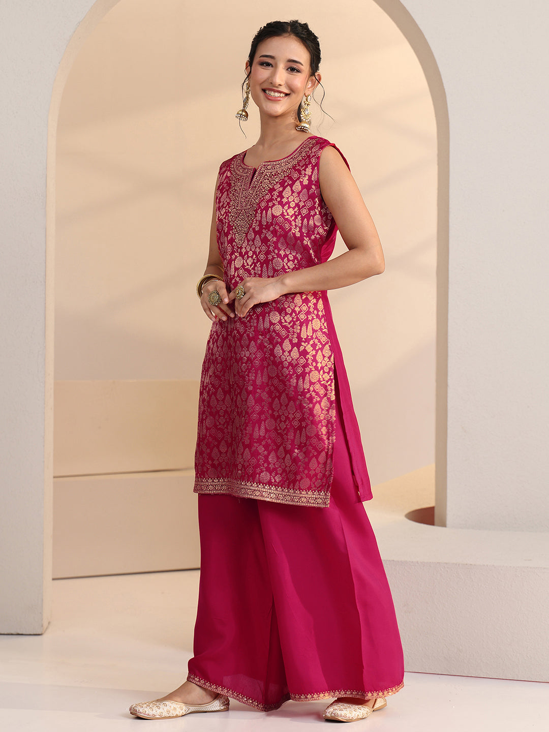  Libas Rani Pink Woven Design Silk Blend Palazzo Suit Set 