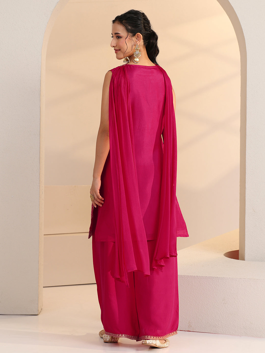  Libas Rani Pink Woven Design Silk Blend Palazzo Suit Set 