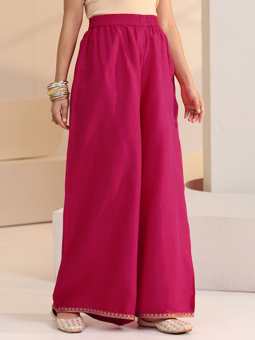  Libas Rani Pink Woven Design Silk Blend Palazzo Suit Set 