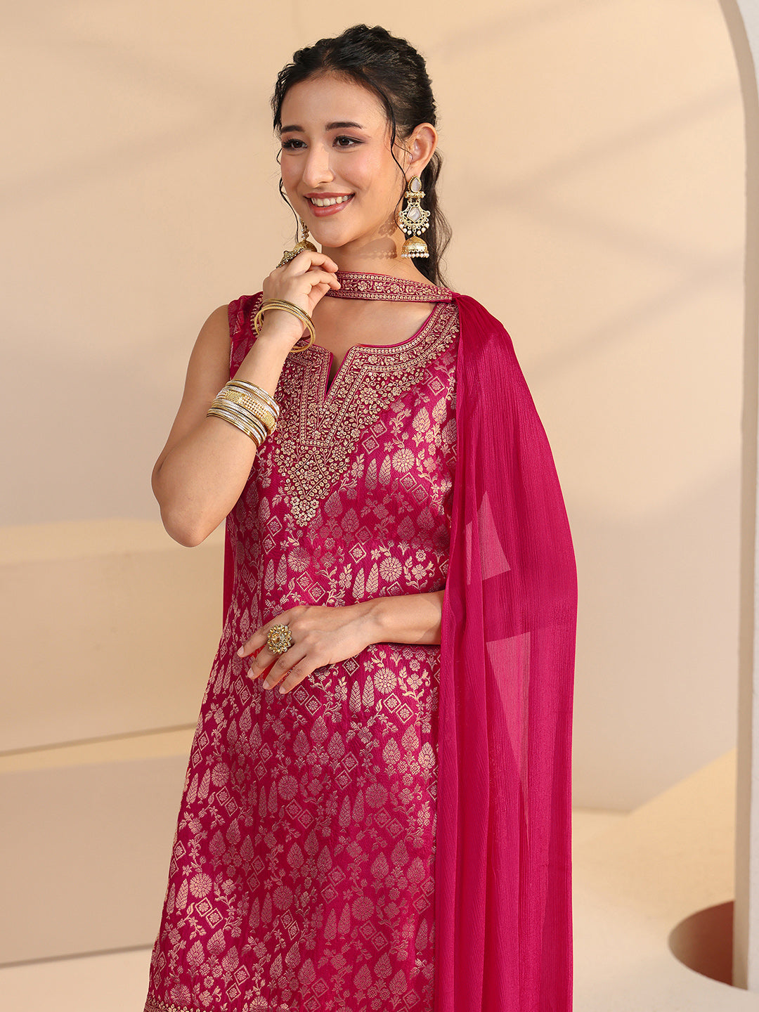  Libas Rani Pink Woven Design Silk Blend Palazzo Suit Set 