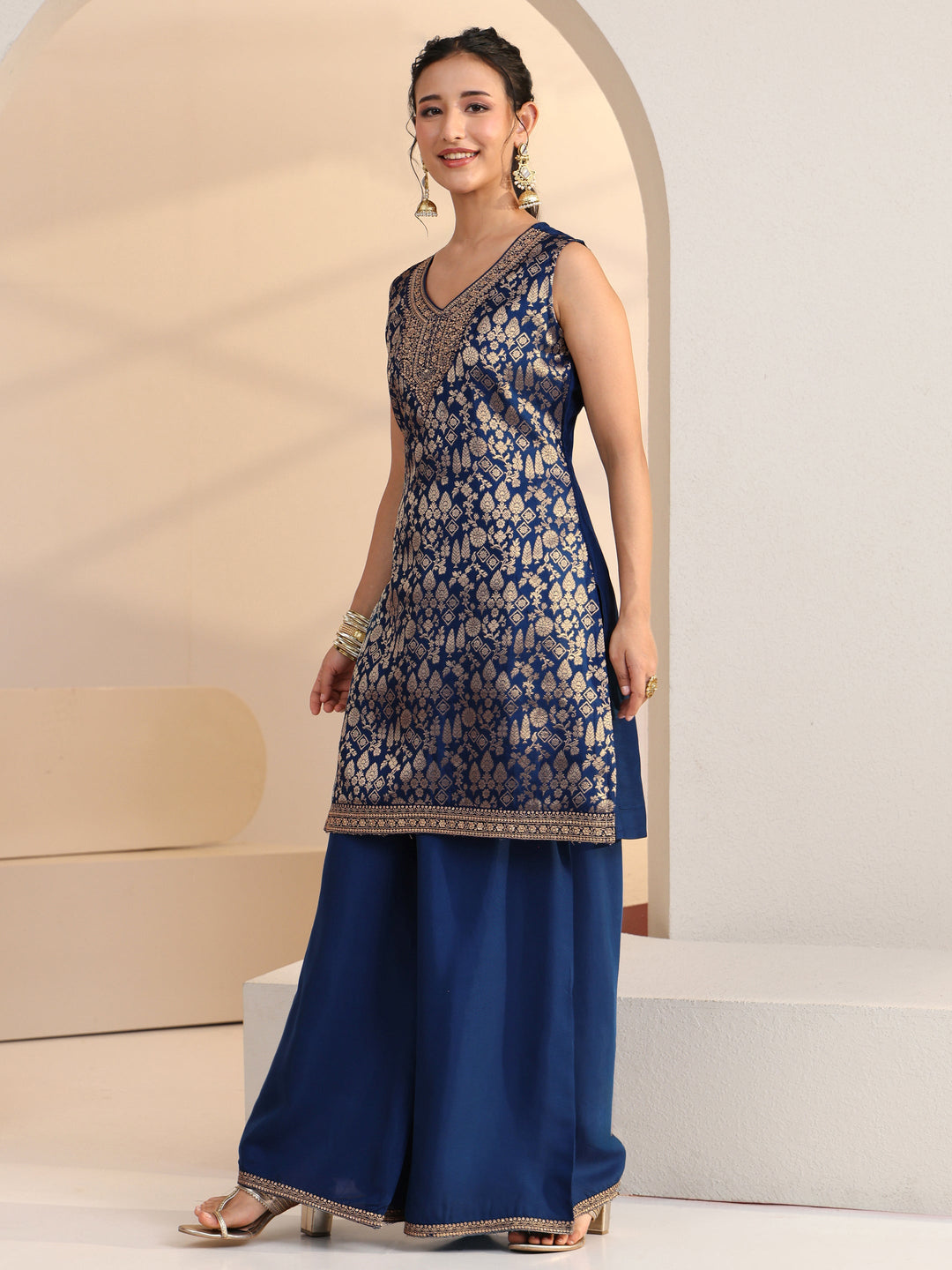  Blue Ethnic Motif Woven Design Silk Blend Straight Suit Set 