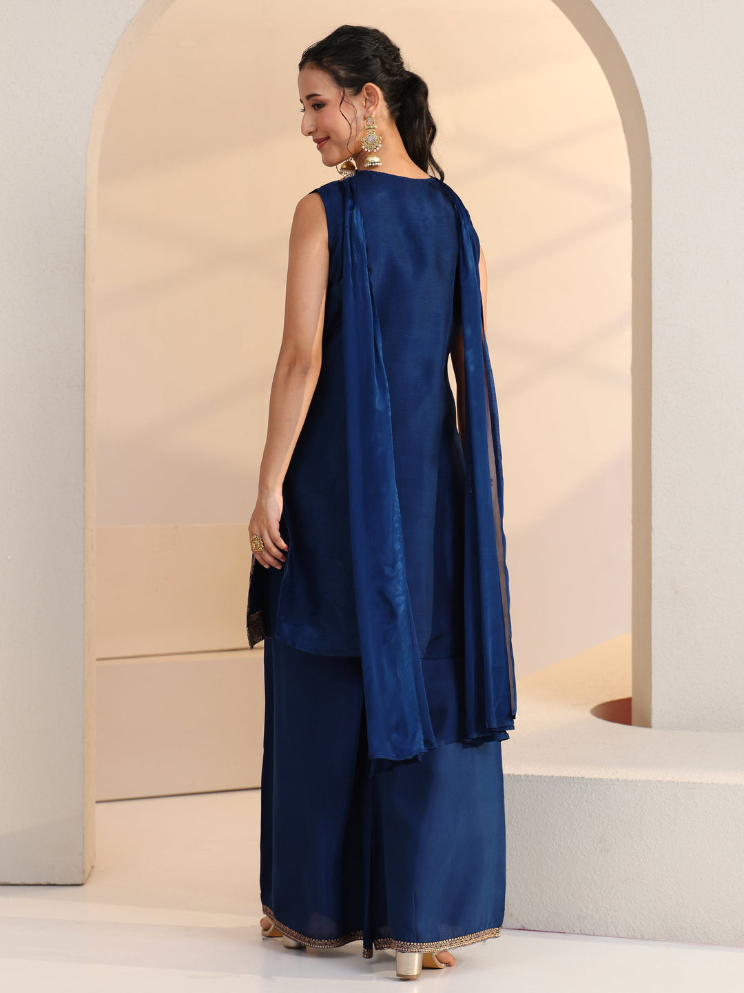  Blue Ethnic Motif Woven Design Silk Blend Straight Suit Set 