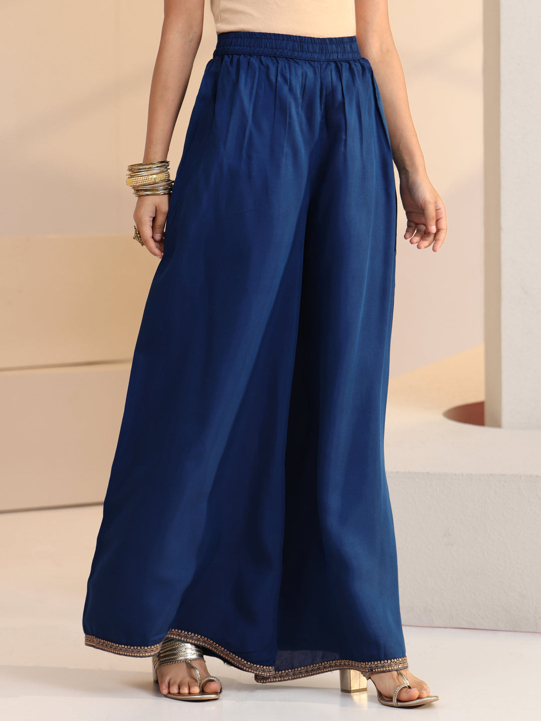  Blue Ethnic Motif Woven Design Silk Blend Straight Suit Set 