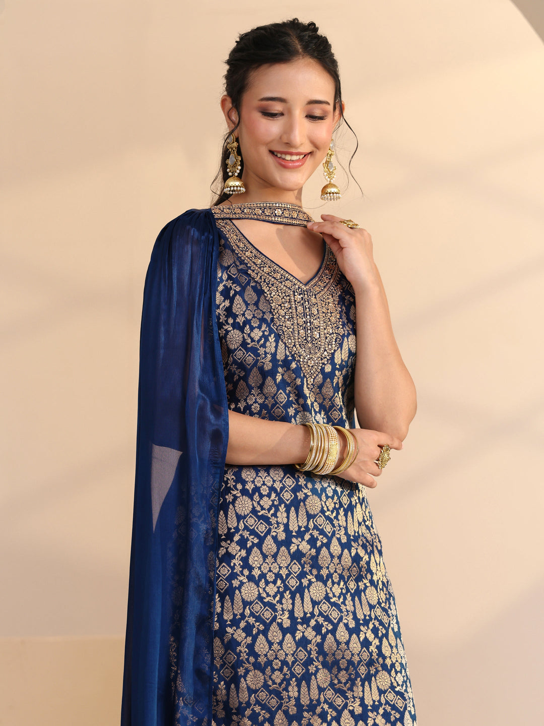  Blue Ethnic Motif Woven Design Silk Blend Straight Suit Set 