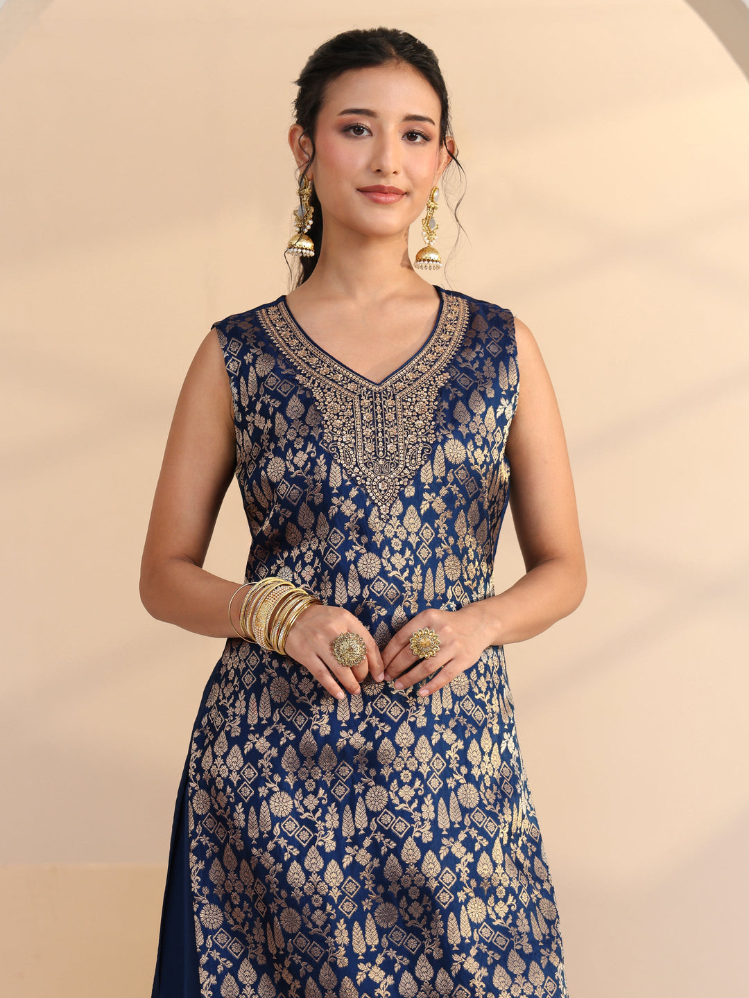  Blue Ethnic Motif Woven Design Silk Blend Straight Suit Set 