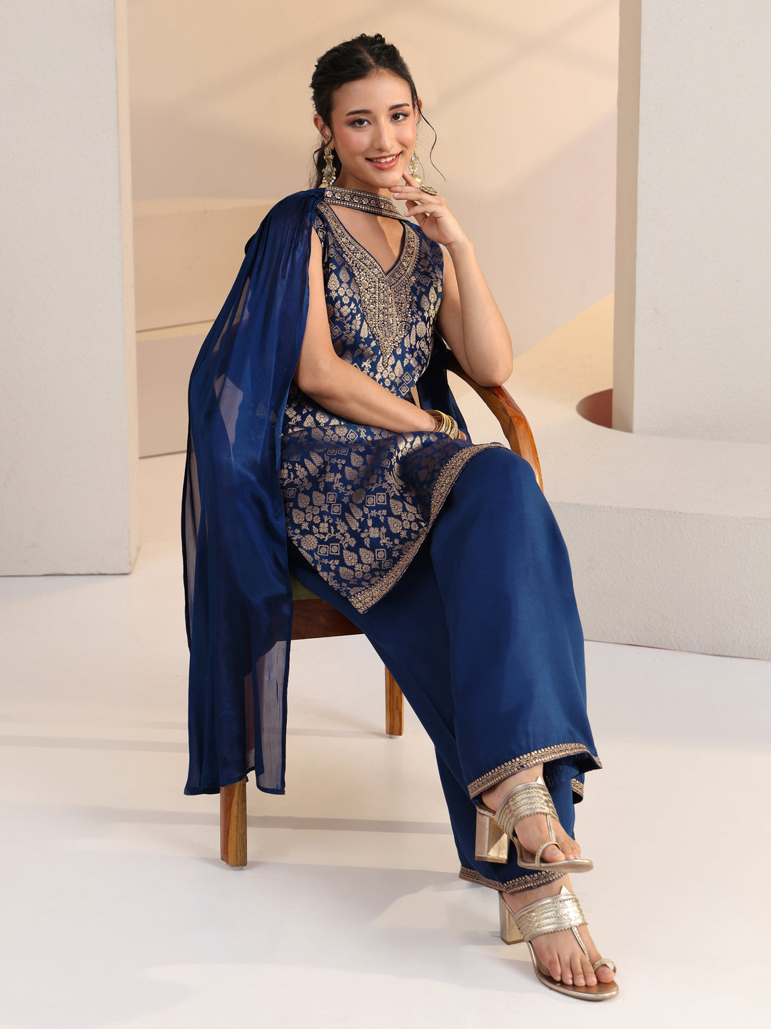  Blue Ethnic Motif Woven Design Silk Blend Straight Suit Set 