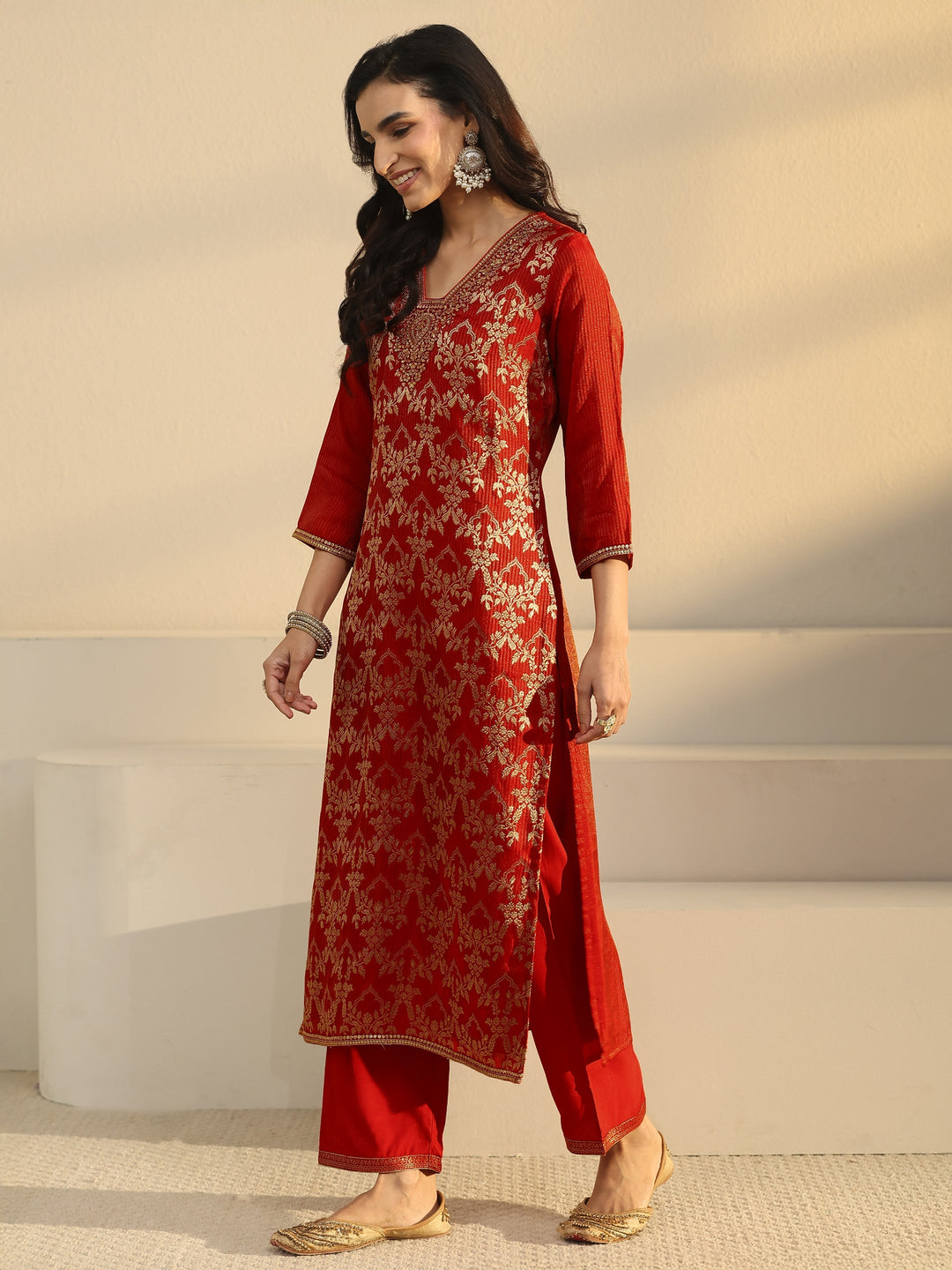  Libas Orange Floral Embroidered Silk Blend Straight Suit Set 