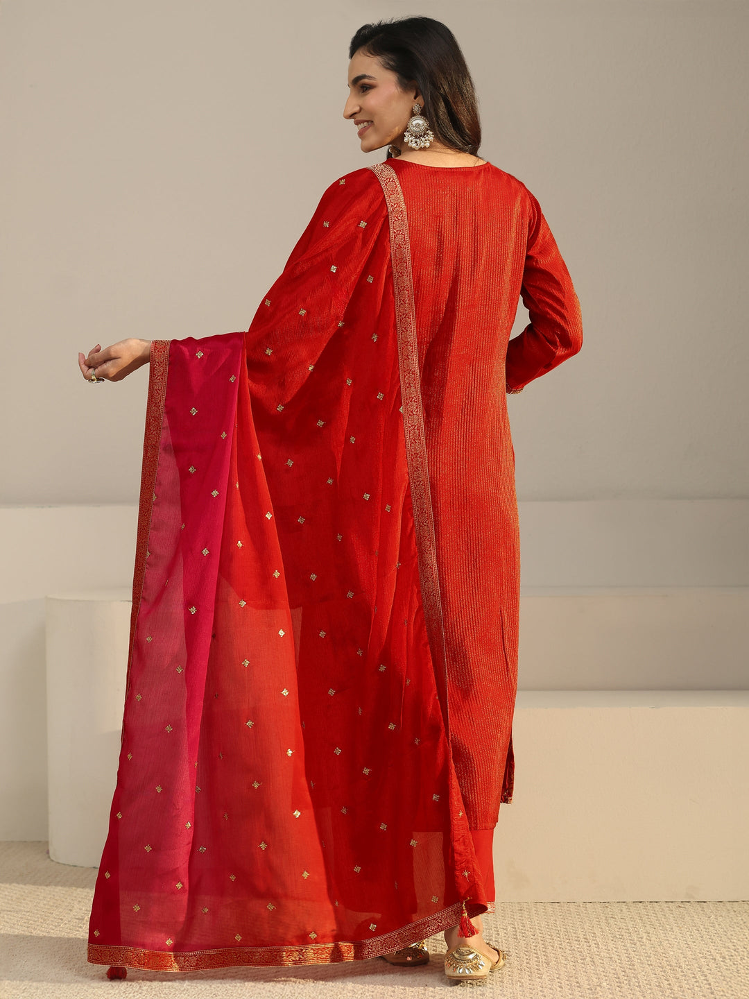  Libas Orange Floral Embroidered Silk Blend Straight Suit Set 