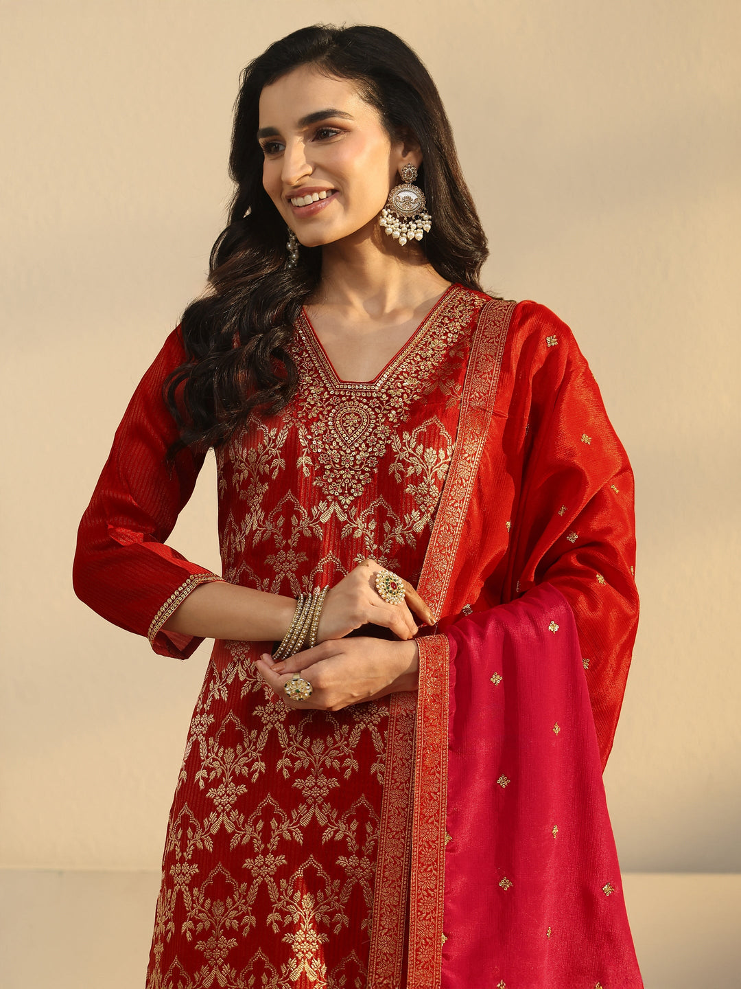  Libas Orange Floral Embroidered Silk Blend Straight Suit Set 