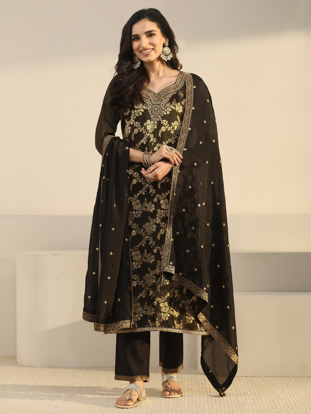  Libas Black Floral Embroidered Silk Blend Straight Suit Set 
