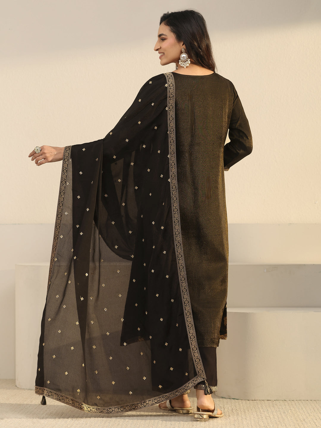  Libas Black Floral Embroidered Silk Blend Straight Suit Set 
