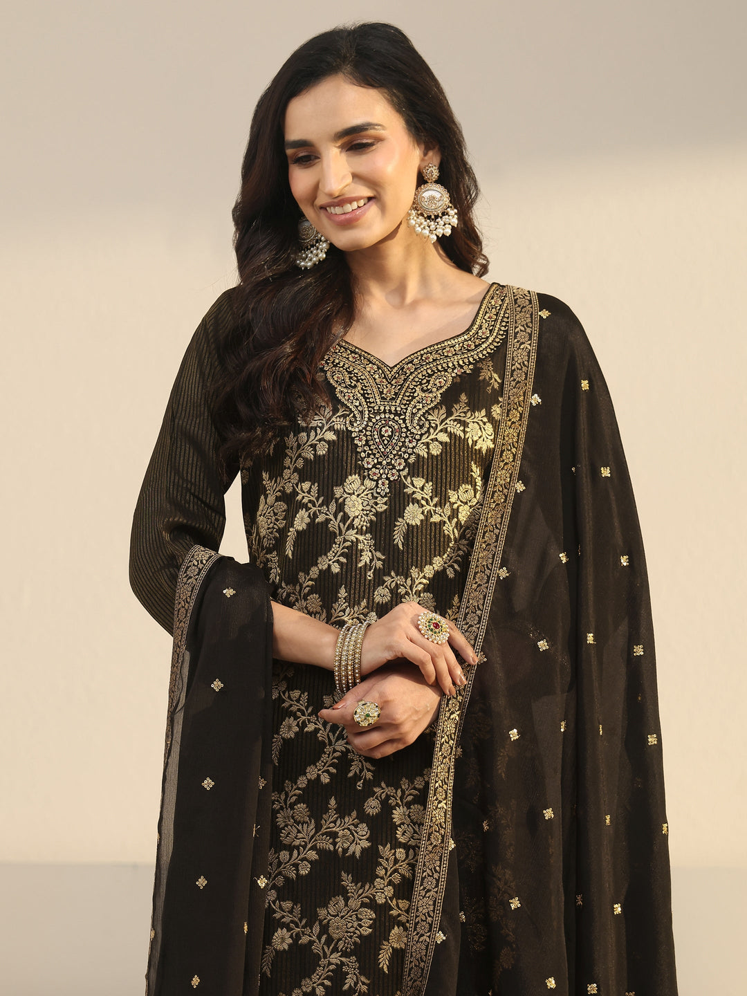  Libas Black Floral Embroidered Silk Blend Straight Suit Set 