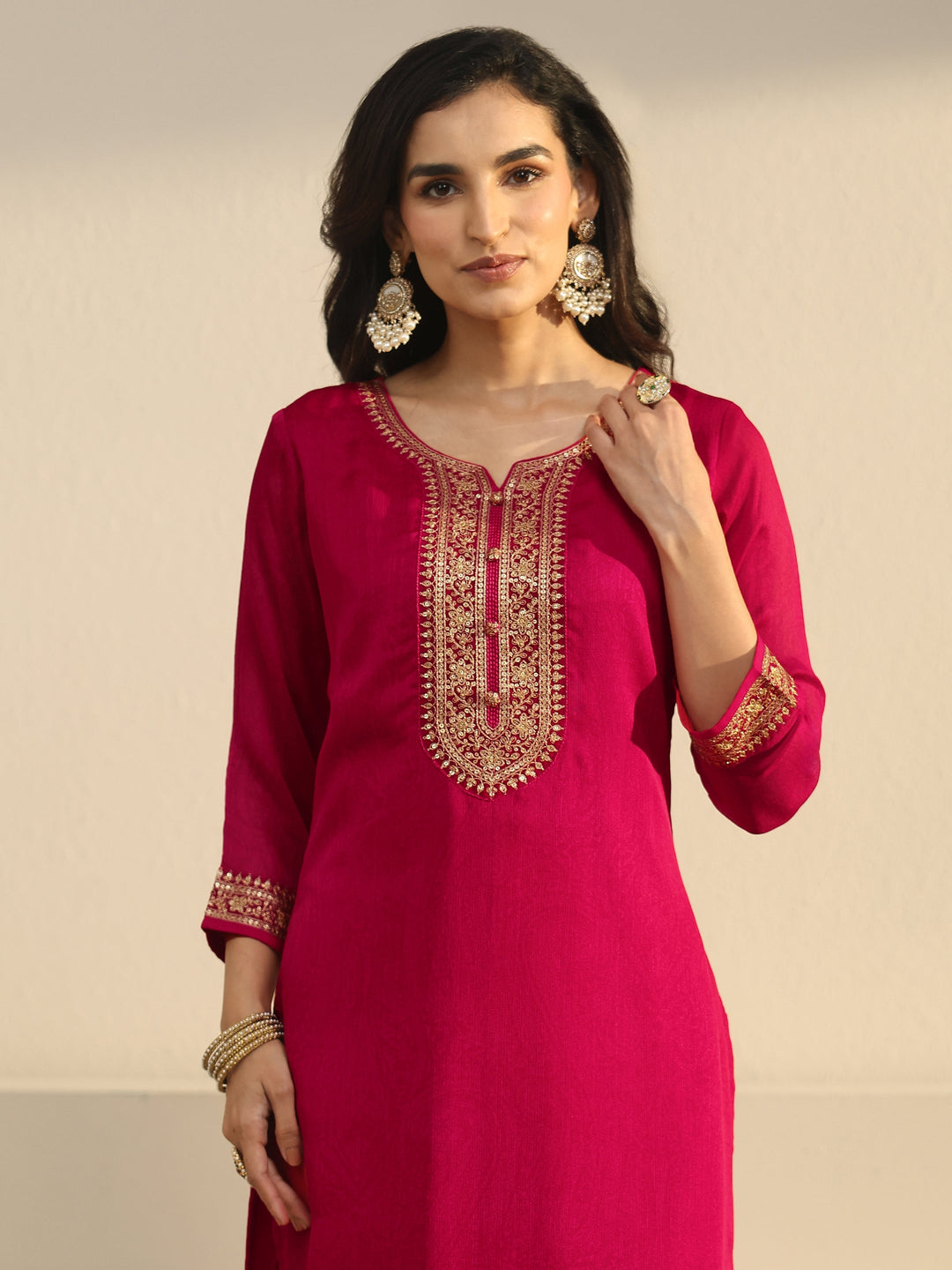  Libas Rani Pink Floral Embroidered Chinon Straight Suit Set 