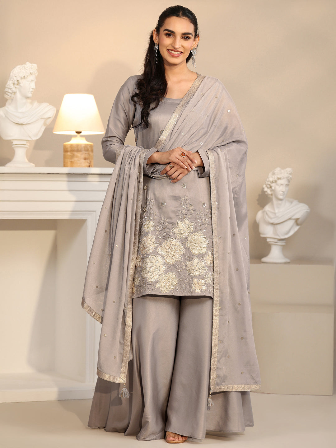 Libas Slate Grey Floral Embellished Silk Blend Palazzo Suit Set 