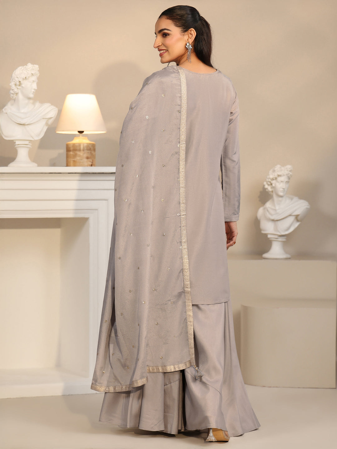  Libas Slate Grey Floral Embellished Silk Blend Palazzo Suit Set 