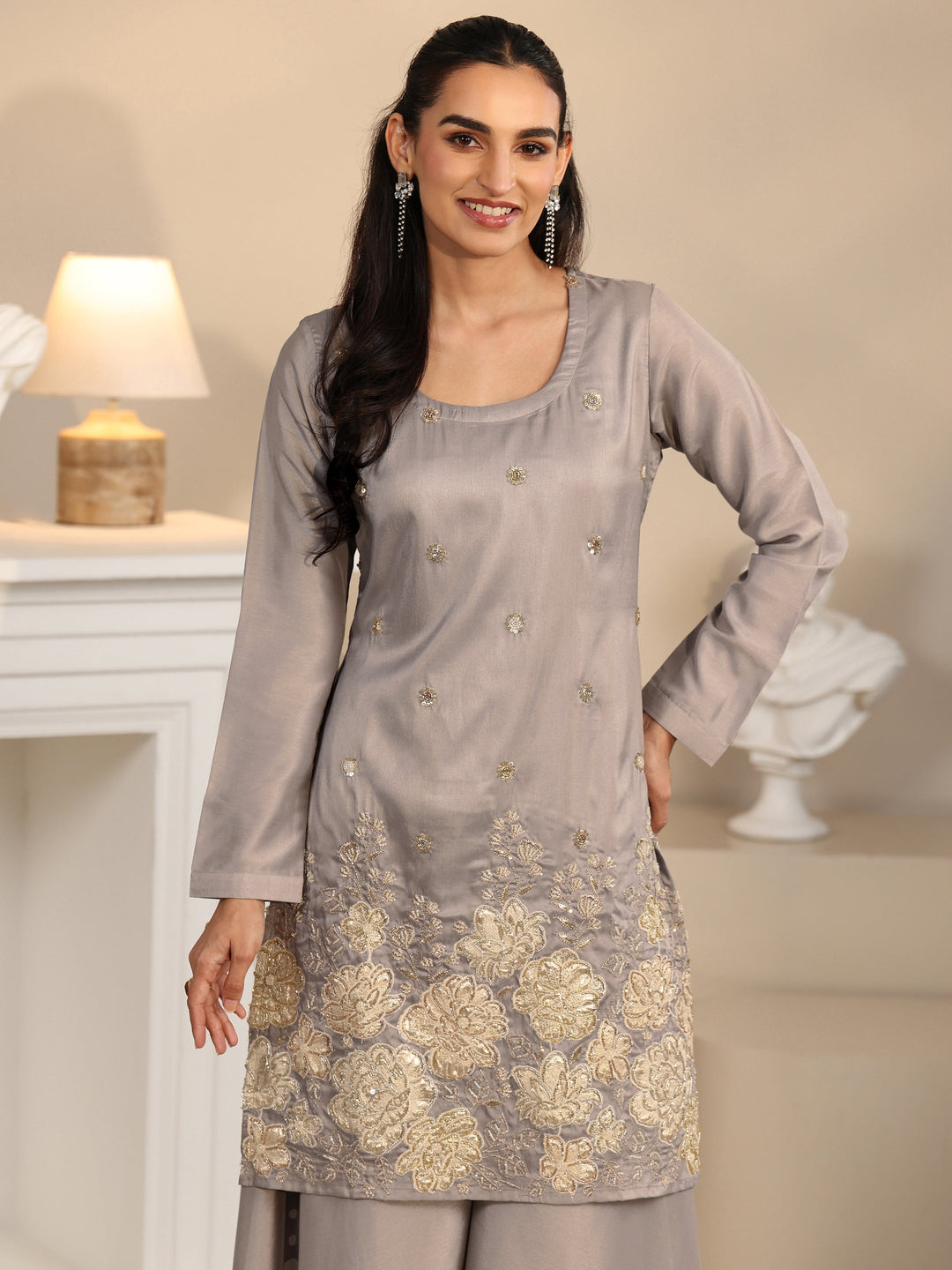  Libas Slate Grey Floral Embellished Silk Blend Palazzo Suit Set 