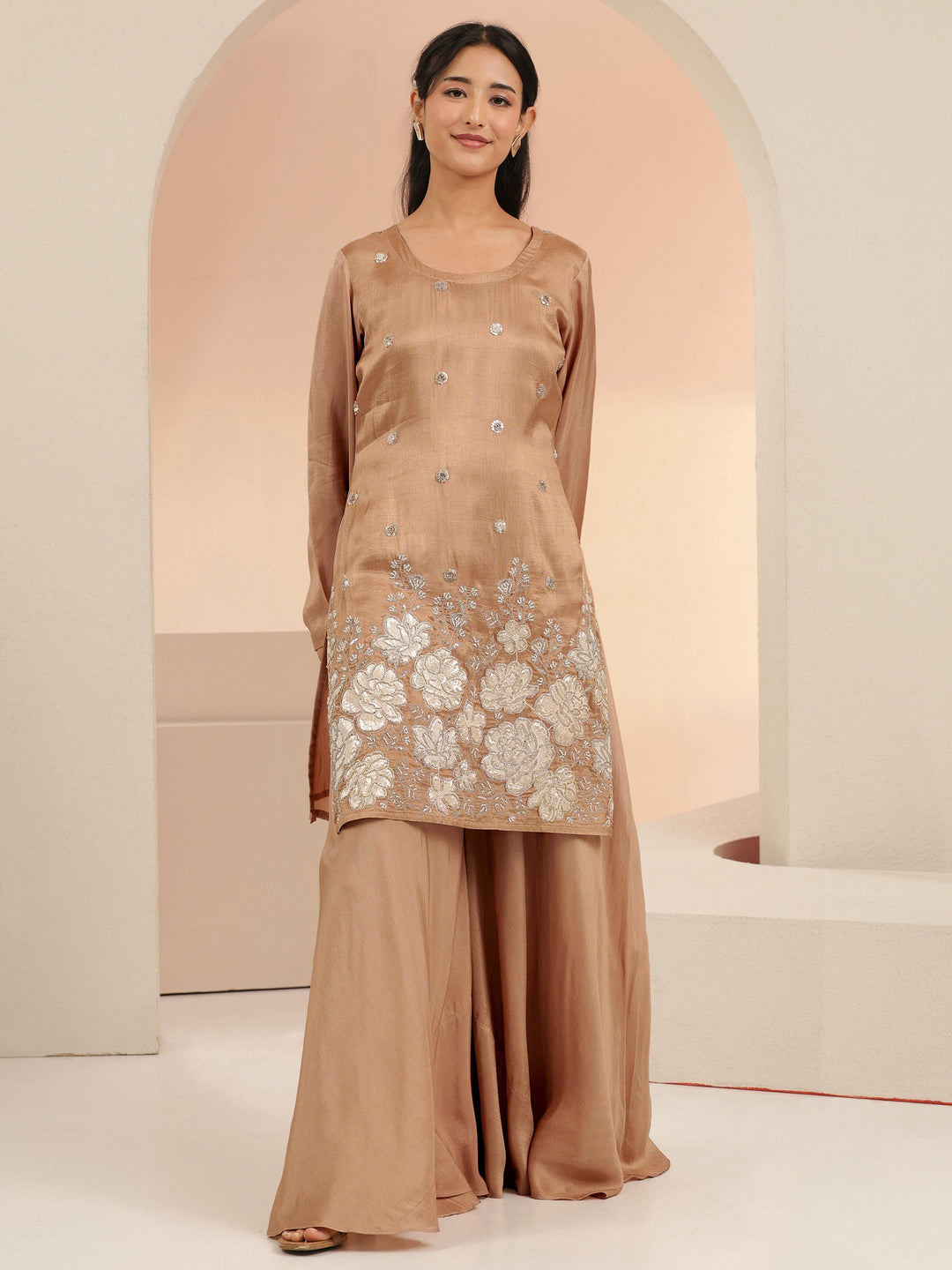  Libas Coffee Brown Floral Applique Silk Blend Straight Kurta Set 