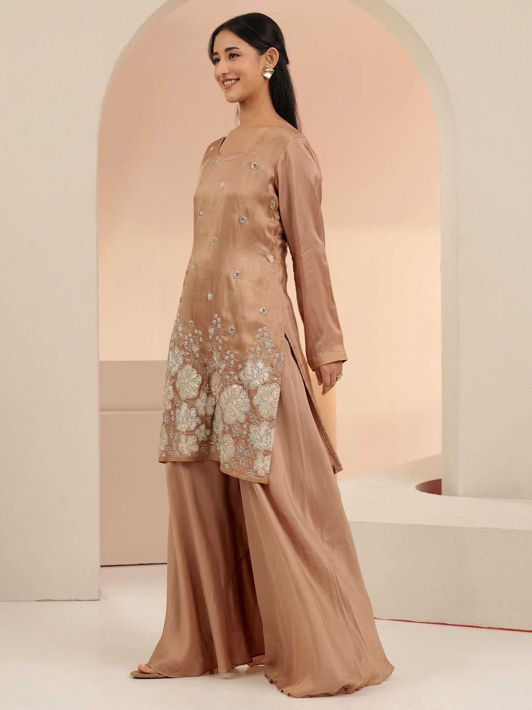  Libas Coffee Brown Floral Applique Silk Blend Straight Kurta Set 