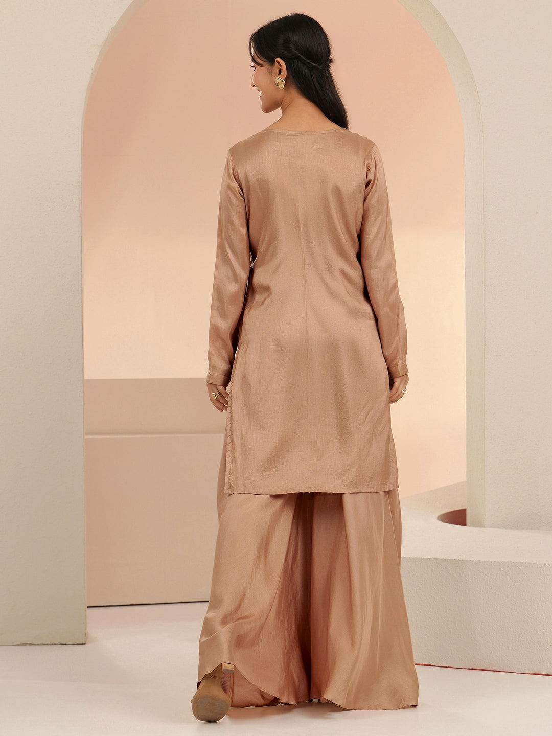  Libas Coffee Brown Floral Applique Silk Blend Straight Kurta Set 
