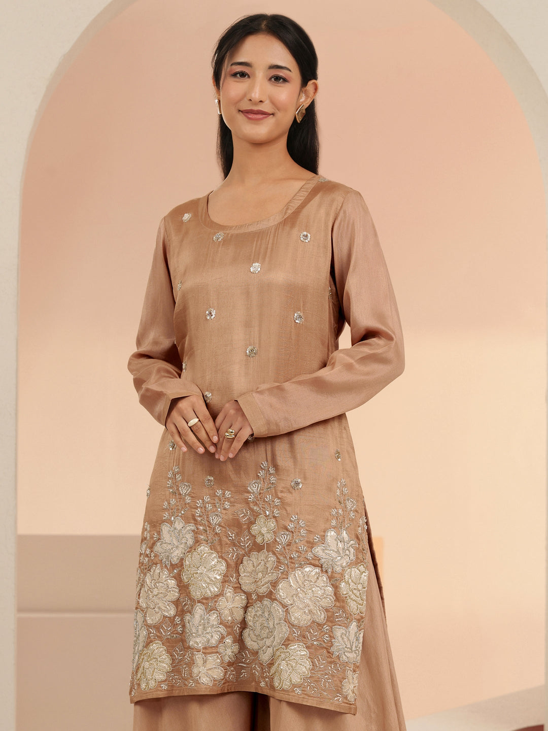  Libas Coffee Brown Floral Applique Silk Blend Straight Kurta Set 