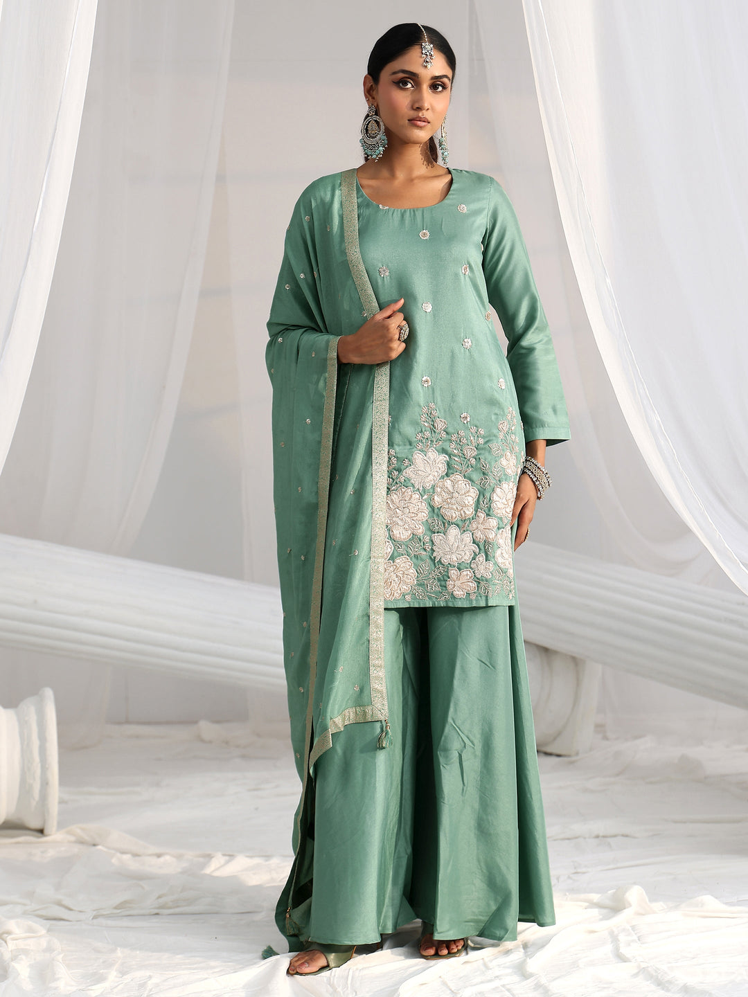  Libas Dusty Sea Green Floral Embellished Silk Blend Palazzo Suit Set 