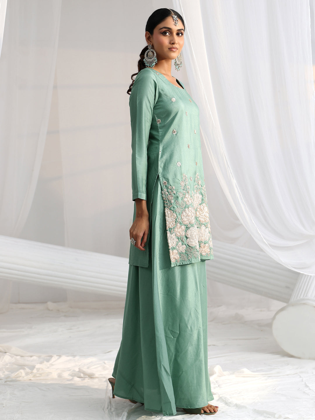  Libas Dusty Sea Green Floral Embellished Silk Blend Palazzo Suit Set 