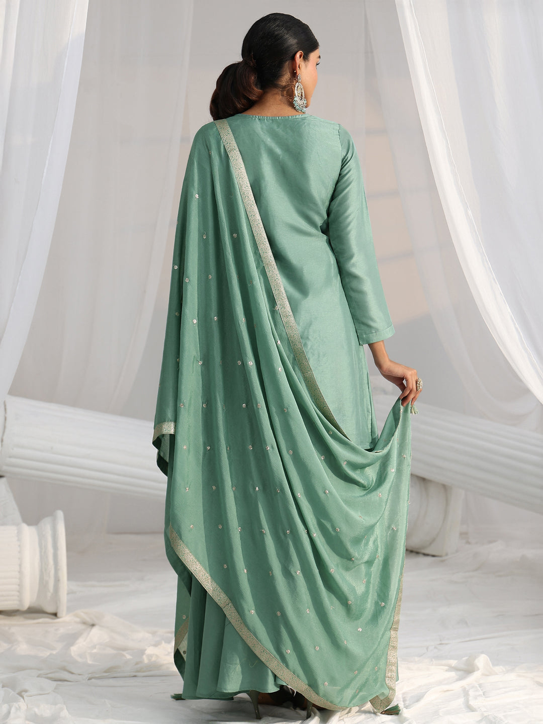  Libas Dusty Sea Green Floral Embellished Silk Blend Palazzo Suit Set 